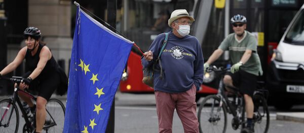 Участник кампании против Brexit стоит под флагом Европейского Союза у здания парламента в Лондоне - Sputnik Литва
