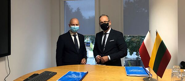 Министры здравоохранения Литвы Аурелиюс Верега и Польши Адам Недзельский Министры здравоохранения Литвы Аурелиюс Верега и Польши Адам Недзельский - Sputnik Lietuva