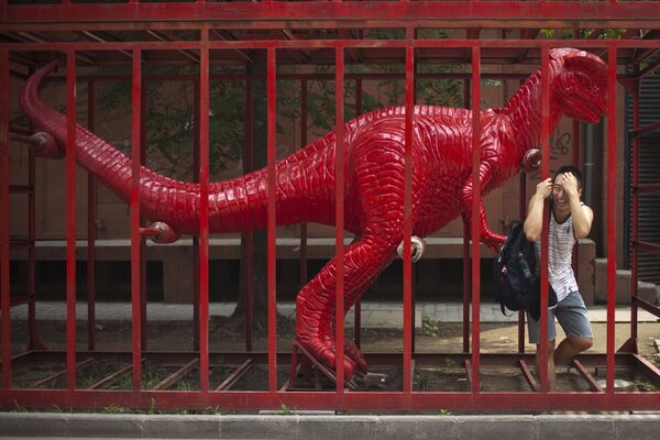 Турист позирует в клетке с динозавром в Китае  - Sputnik Lietuva