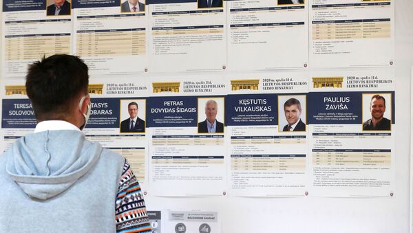 Мужчина смотрит на плакаты кандидатов во время выборов в Сейм Литвы, Тракай - Sputnik Литва
