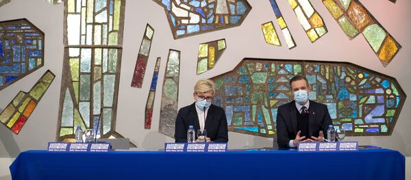 Лидеры партии Союз Отечества — Литовские христианские демократы Ингрида Шимоните и Габриэлюс Ландсбергис выступают на прессконференции - Sputnik Литва