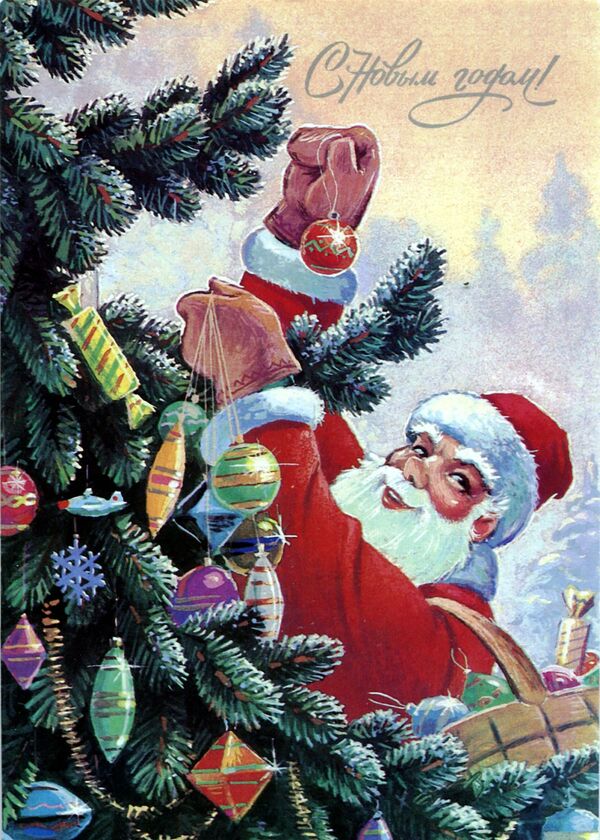Новогодняя открытка Дед Мороз наряжает ёлку - Sputnik Lietuva