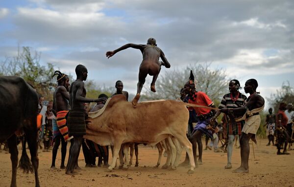 Мужчина во время церемонии прыжков через быка в Эфиопии  - Sputnik Литва