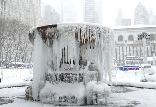 Покрытый льдом мемориальный фонтан Джозефины Шоу Лоуэлл в Нью-Йорке  - Sputnik Lietuva