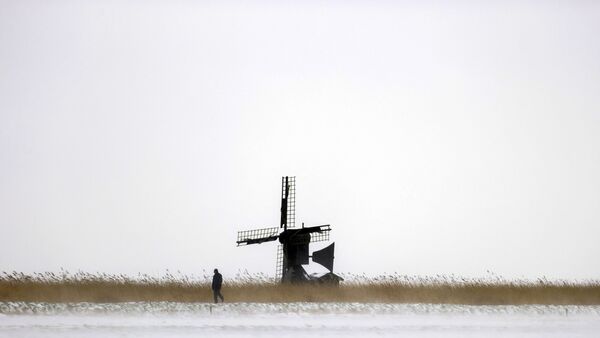 Ветряная мельница в снегу в Хейлоо, Нидерланды  - Sputnik Lietuva