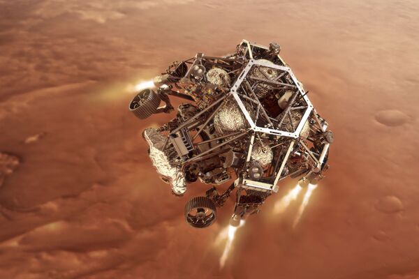 Марсоход Perseverance запускает двигатели ступени спуска по мере приближения к поверхности Марса - Sputnik Lietuva