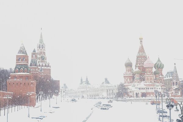 Собор Василия Блаженного и башни Московского Кремля во время снегопада - Sputnik Литва