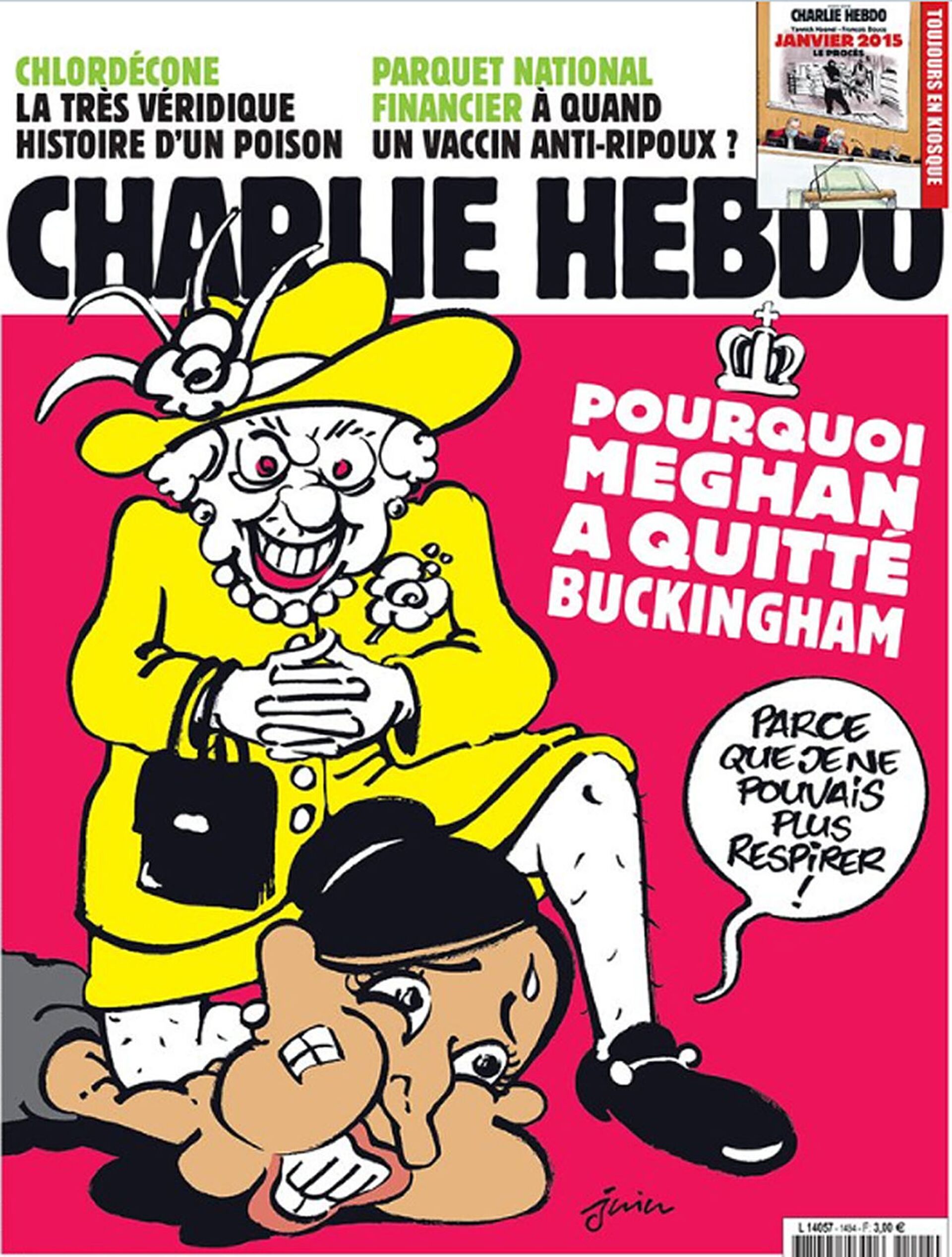 Карикатура в журнале Charlie Hebdo, где на изображении Елизавета II душит жену внука, Меган Маркл - Sputnik Lietuva, 1920, 12.05.2021