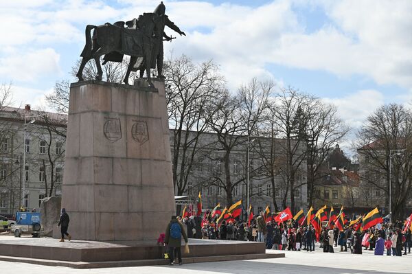 Šeštadienį protestuotojai susirinko Vilniaus Katedros aikštėje. Dalyviai atėjo su vėliavomis ir plakatais. - Sputnik Lietuva