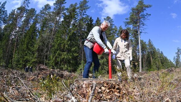 Президент Литвы Гитанас Науседа с супругой Дианой сажают деревья - Sputnik Литва