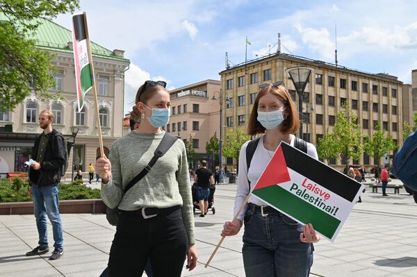 Dalyviai atsinešė plakatus su Palestinos vėliavos spalvomis ir su užrašu &quot;Laisva Palestina&quot;. - Sputnik Lietuva