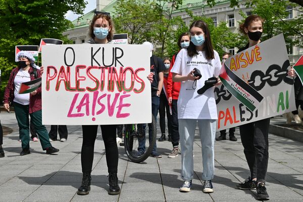 Надпись на плакате: &quot;А где свобода Палестины&quot;. - Sputnik Литва