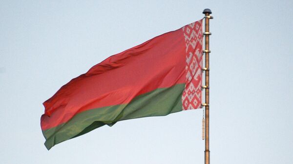 Флаг Белоруссии во время акции протеста в Минске - Sputnik Литва