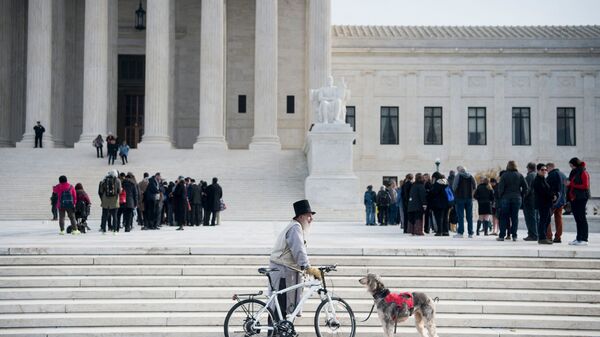 Мужчина с велосипедом и собакой у здании суда в Вашингтоне  - Sputnik Lietuva