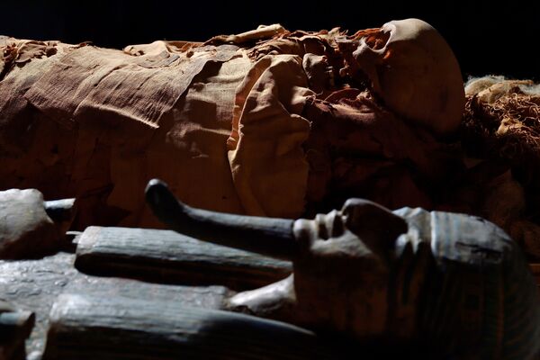Egipto mumija matoma šalia karsto 2021 metų birželio 21 dieną Bergamo (Italija) civiliniame archeologijos muziejuje, Italijoje. - Sputnik Lietuva
