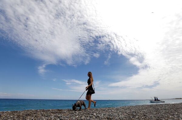 2021 metų birželio 23 dieną Nicoje, Prancūzijoje, Promenade des Anglais, atidarius šunų paplūdimį vaikšto su savo šunimi. - Sputnik Lietuva