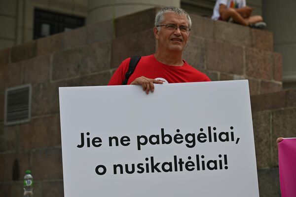 Užrašas ant plakato: &quot;Jie ne pabėgėliai, o nusikaltėliai&quot;. - Sputnik Lietuva
