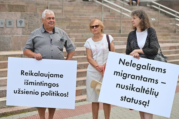 Užrašai ant plakatų: &quot;Reikalaujame išmintingos užsienio politikos&quot; ir &quot;Nelegaliems migrantams – nusikaltėlių statusą&quot;. - Sputnik Lietuva