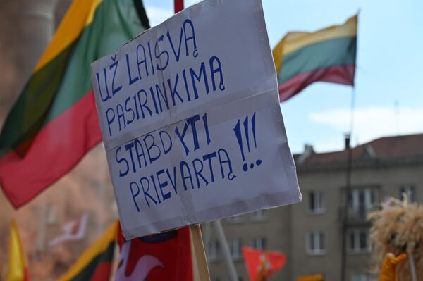 Nuotraukoje: plakatas protesto akcijoje &quot;Už laisvą pasirinkimą. Stabdyti prievartą&quot;. - Sputnik Lietuva