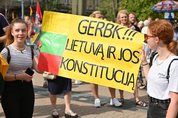 Nuotraukoje: protestuotojai su plakatu &quot;Gerbk Lietuvą ir jos Konstituciją&quot;. - Sputnik Lietuva