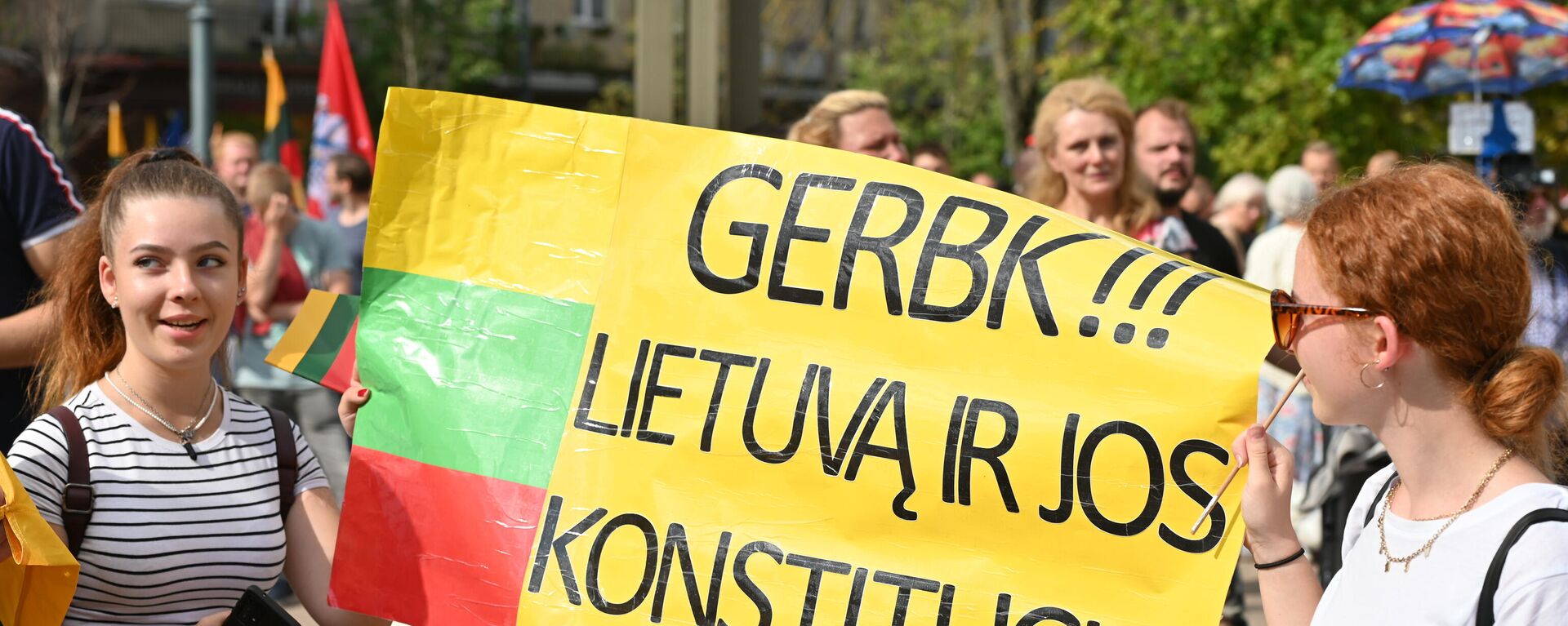 Митингующие с плакатом у здания Сейма Литвы - Sputnik Литва, 1920, 12.08.2021