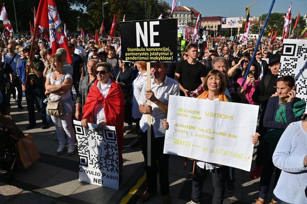 Nuotraukoje: žmonės su plakatais &quot;Gyvulio pasui — ne&quot;, &quot;NE Stambulo konvencijai, partnerystės įstatymui ir genderizmui mokyklose&quot; ir &quot;Atsisakome valdžios, kuri veda tautą į pražūtį. Greitai — atsistatydinti!&quot; - Sputnik Lietuva