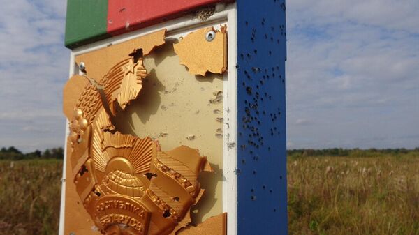 Поврежденный белорусский пограничный знак на границе Украины и Белоруссии - Sputnik Литва