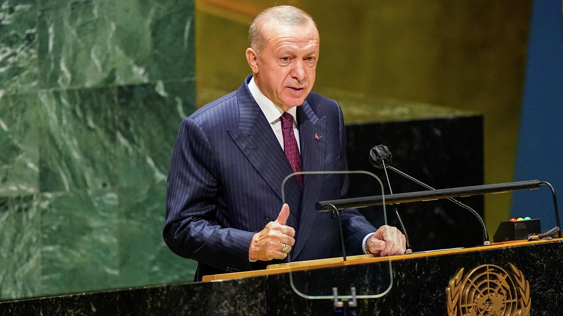 Президент Турции Реджеп Тайип Эрдоган во время выступления на Генеральной Ассамблее ООН - Sputnik Lietuva, 1920, 22.09.2021