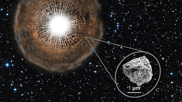 Зерно карбида кремния звездной пыли под электронным микроскопом (справа) и звезда в газовой оболочке (слева) - Sputnik Lietuva