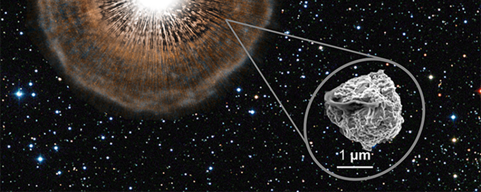Зерно карбида кремния звездной пыли под электронным микроскопом (справа) и звезда в газовой оболочке (слева) - Sputnik Lietuva, 1920, 16.10.2021