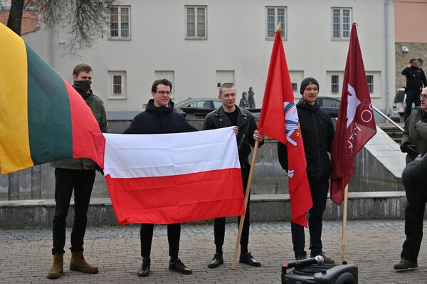 Участники акции в поддержку действий польских властей принесли плакаты и флаги обеих стран. - Sputnik Литва