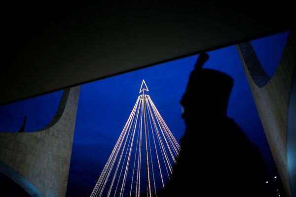 Prezidento sargybos karys stovi priešais Kalėdų eglutę Planalto rūmuose, Brazilijoje. - Sputnik Lietuva