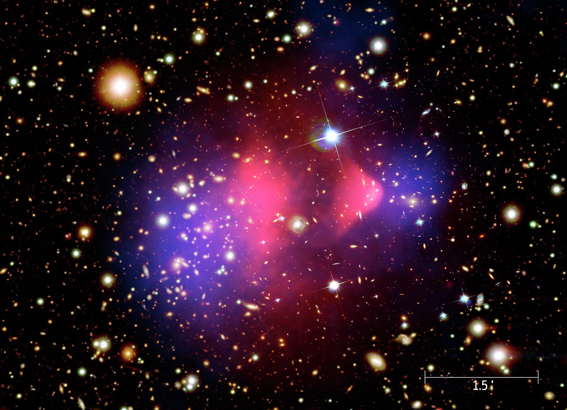 Составное изображение галактического кластера Пули, полученное наземными Магеллановыми телескопами и космическими телескопами Хаббл и Чандра - Sputnik Lietuva, 1920, 12.01.2022