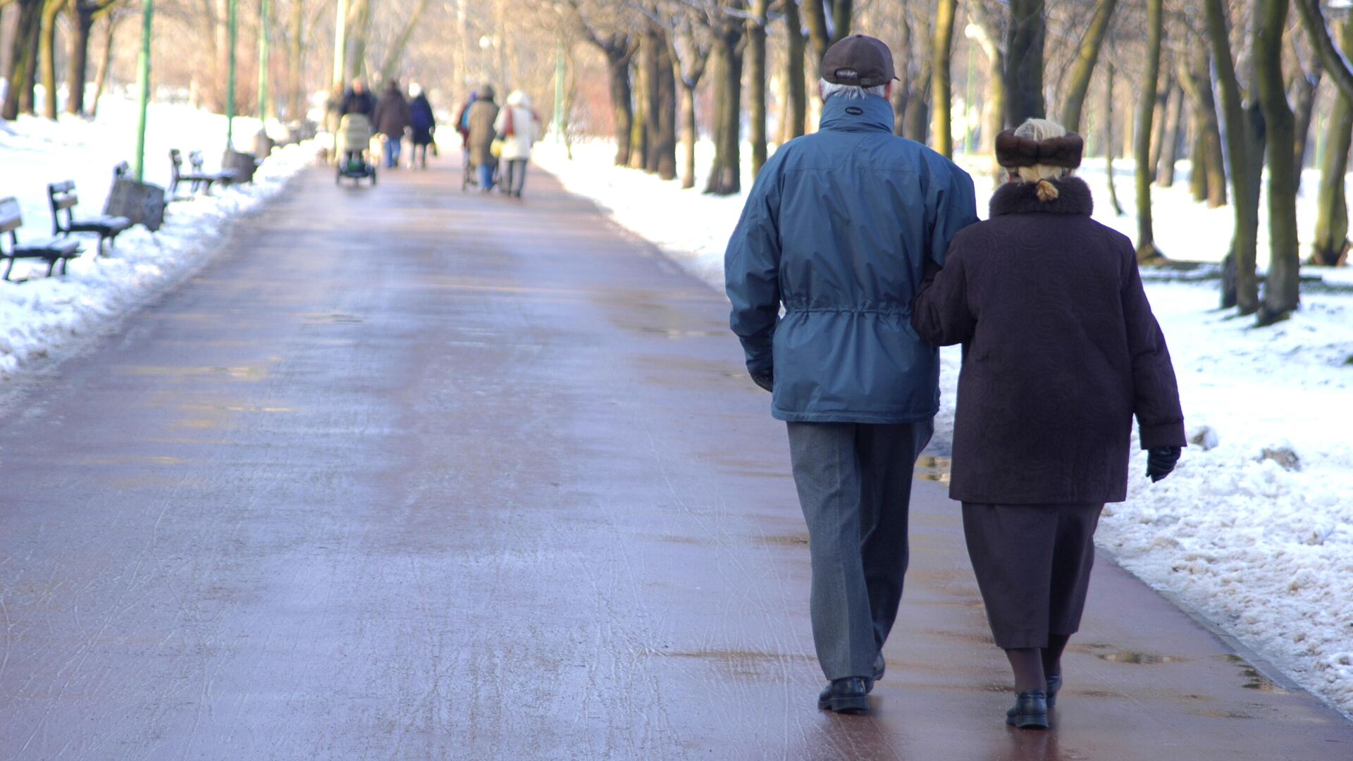 Пожилая пара на прогулке в зимнем парке, архивное фото - Sputnik Литва, 1920, 11.01.2023