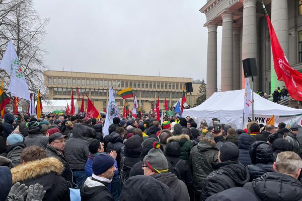 Kartu pranešta, kad protestuotojai ramiai klausėsi Lietuvos prezidento Gitano Nausėdos kalbos. - Sputnik Lietuva