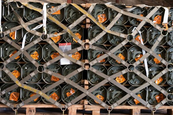 Amunicijos, ginklų ir kitos įrangos paletės, vežamos į Ukrainą. - Sputnik Lietuva
