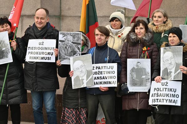 Plakatuose užrašai: &quot;Už tiesioginius prokurorų rinkimus&quot;, &quot;Už partijų biudžetinio finansavimo panaikinimą&quot;, &quot;Už politikų atšaukimo įstatymą&quot;. - Sputnik Lietuva