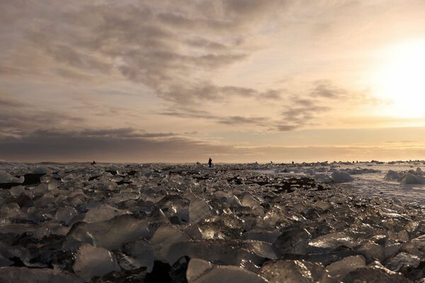 Turistai apžiūri ledo luitus, kurie žiemą atskilo nuo Jokulsarlon ledynų lagūnos. - Sputnik Lietuva