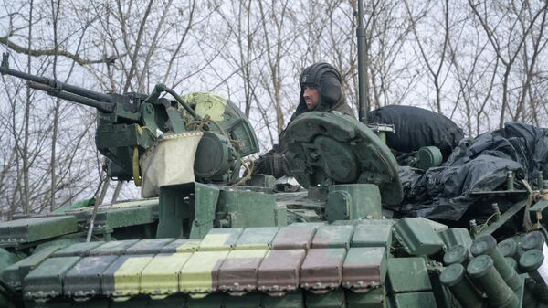Военнослужащий украинских вооруженных сил на танке - Sputnik Литва