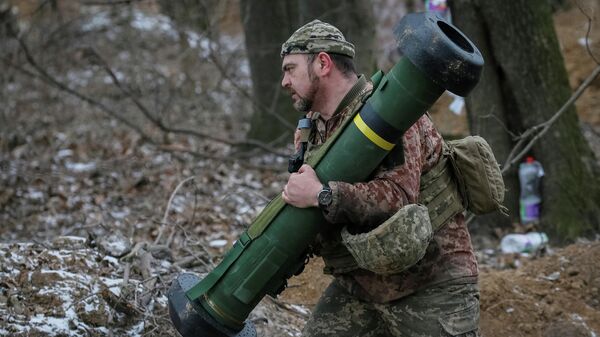 Ukrainos ginkluotųjų pajėgų karys su Amerikos raketų sistema Javelin - Sputnik Lietuva