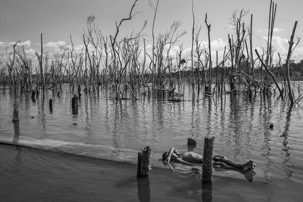 Vaizdas iš Amazonės distopijos serijos, kurią sukūrė brazilų fotografas Lalo de Almeida, &quot;SOUTH AMERICA Long-Term Projects&quot;. laimėtojas. Berniukas upėje žaidžia su savo šunimi netoli Belo Monte užtvankos. Vietą supa dideli, dantų krapštuką primenantys negyvų medžių lopai, susiformavę užtvindžius rezervuarą, kurio plotas beveik 516 km2. Pūvanti augmenija išskiria metano dujas, kurios stiprina šiltnamio efektą labiau nei anglies dioksidas. - Sputnik Lietuva