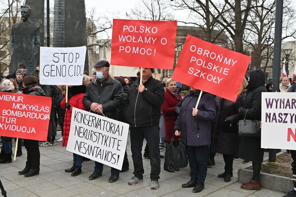 На плакатах написано: &quot;Стоп геноцид&quot;,  &quot;Польша, мы просим о помощи&quot;, &quot;Защитим польские школы&quot;. - Sputnik Литва