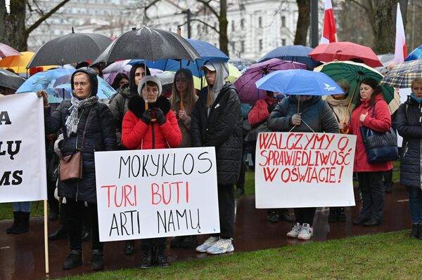 На плакатах написано: &quot;Школы должны быть рядом с домом&quot;, &quot;Надеемся на справедливость в просвещении&quot;. - Sputnik Литва