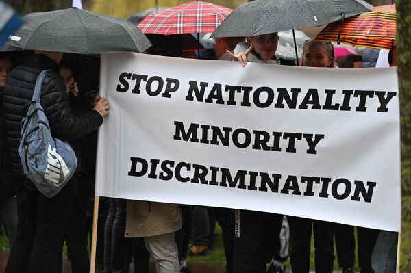 На плакате написано: &quot;Стоп дискриминации национальных меньшинств&quot;. - Sputnik Литва