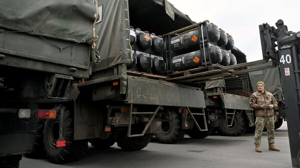Украинский военнослужащий и грузовики с американскими переносными противотанковыми ракетными комплексами Javelin, архивное фото - Sputnik Литва