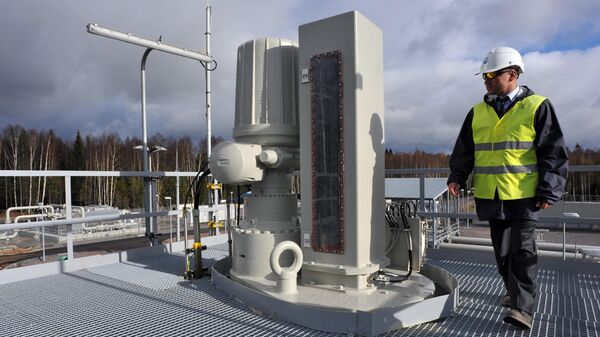 Рабочий на платформе компрессорной станции Портовая газопровода Nord Stream, архивное фото - Sputnik Литва