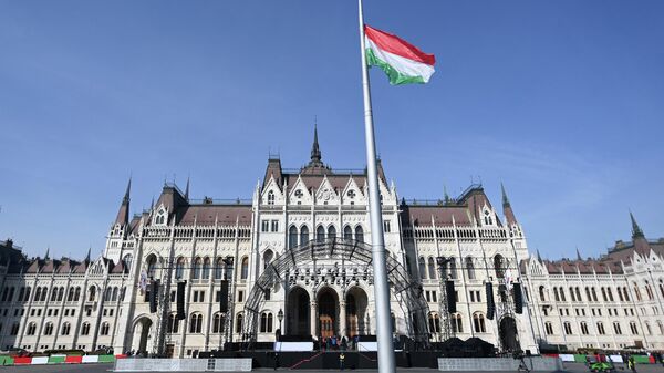 Флаг Венгрии перед зданием парламента Венгрии - Sputnik Литва