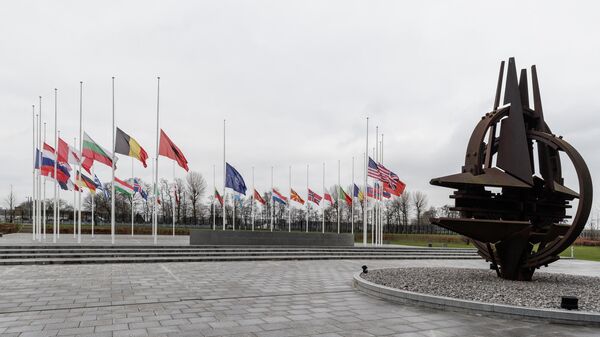 Национальные флаги стран-членов НАТО развеваются перед штаб-квартирой организации в Брюсселе - Sputnik Литва