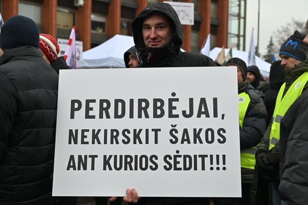 На фото: участник акции держит плакат с надписью &quot;Переработчики, не рубите ветку, на которой сидите!&quot; - Sputnik Литва
