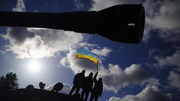 Украинские солдаты с флагом Украины , архивное фото - Sputnik Литва